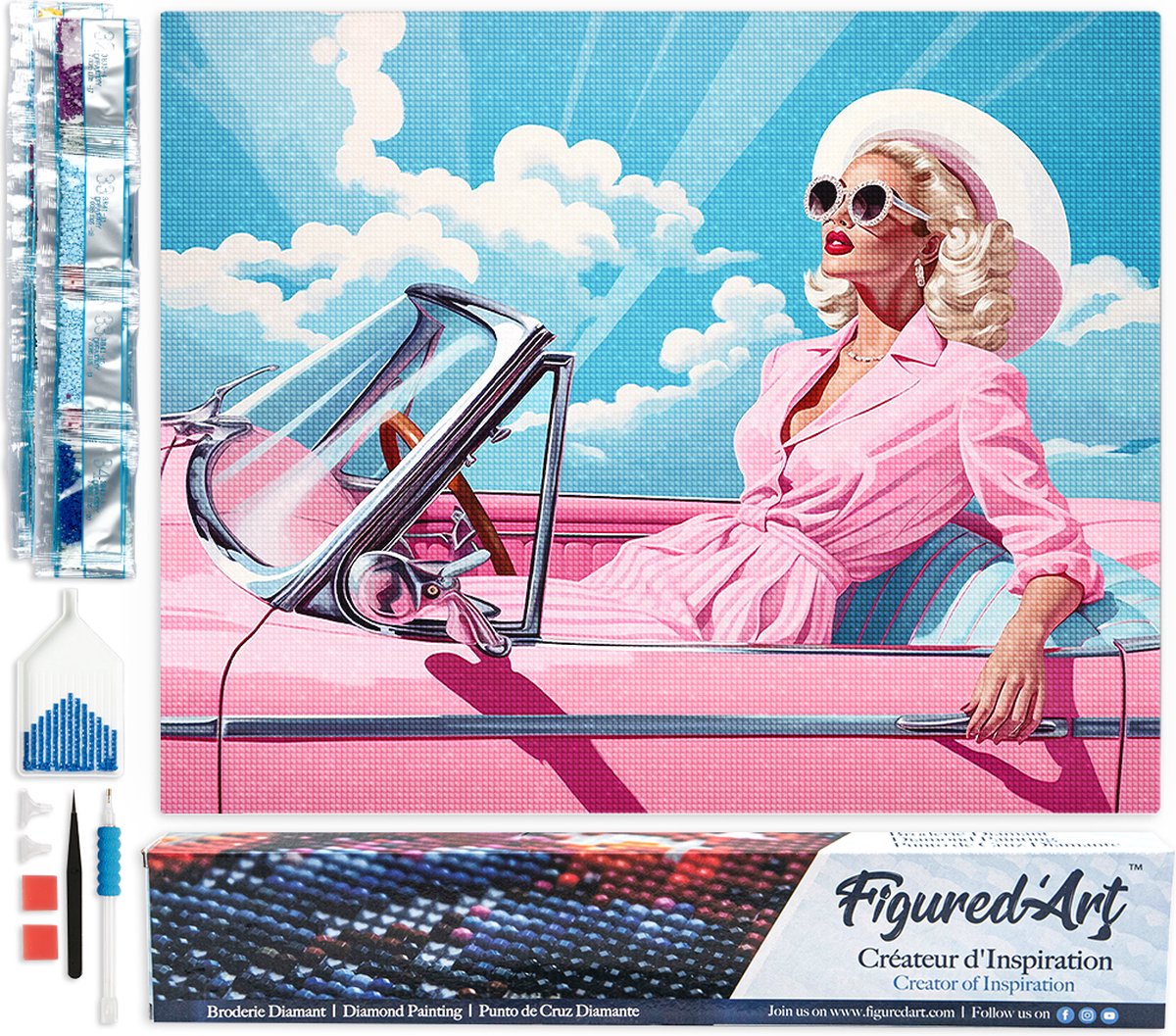 FiguredArt Diamond Painting set Volwassenen 40x50 cm Diva in een Roze Retro Auto - 5D DIY Art full drill vierkante diamant - Opgerold canvas